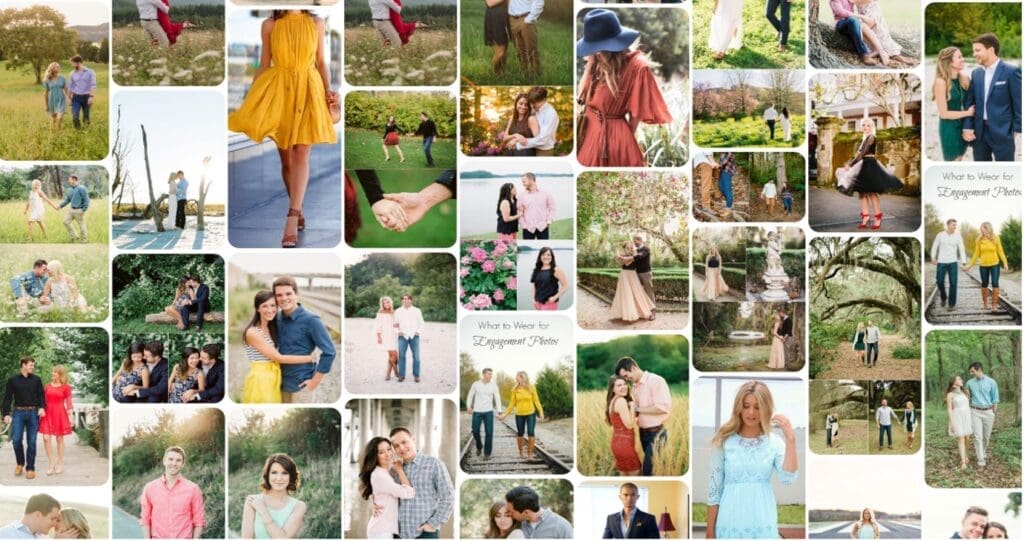 A gallery of images showing couples wearing different styles of clothing to help couples dress for their photography session 