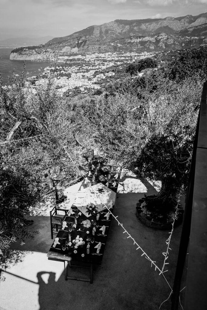 Luxury destination wedding dinner in Sorrento Italy with elegant table setting