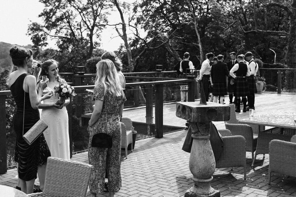 guests on a terrace at an Ayrshire wedding